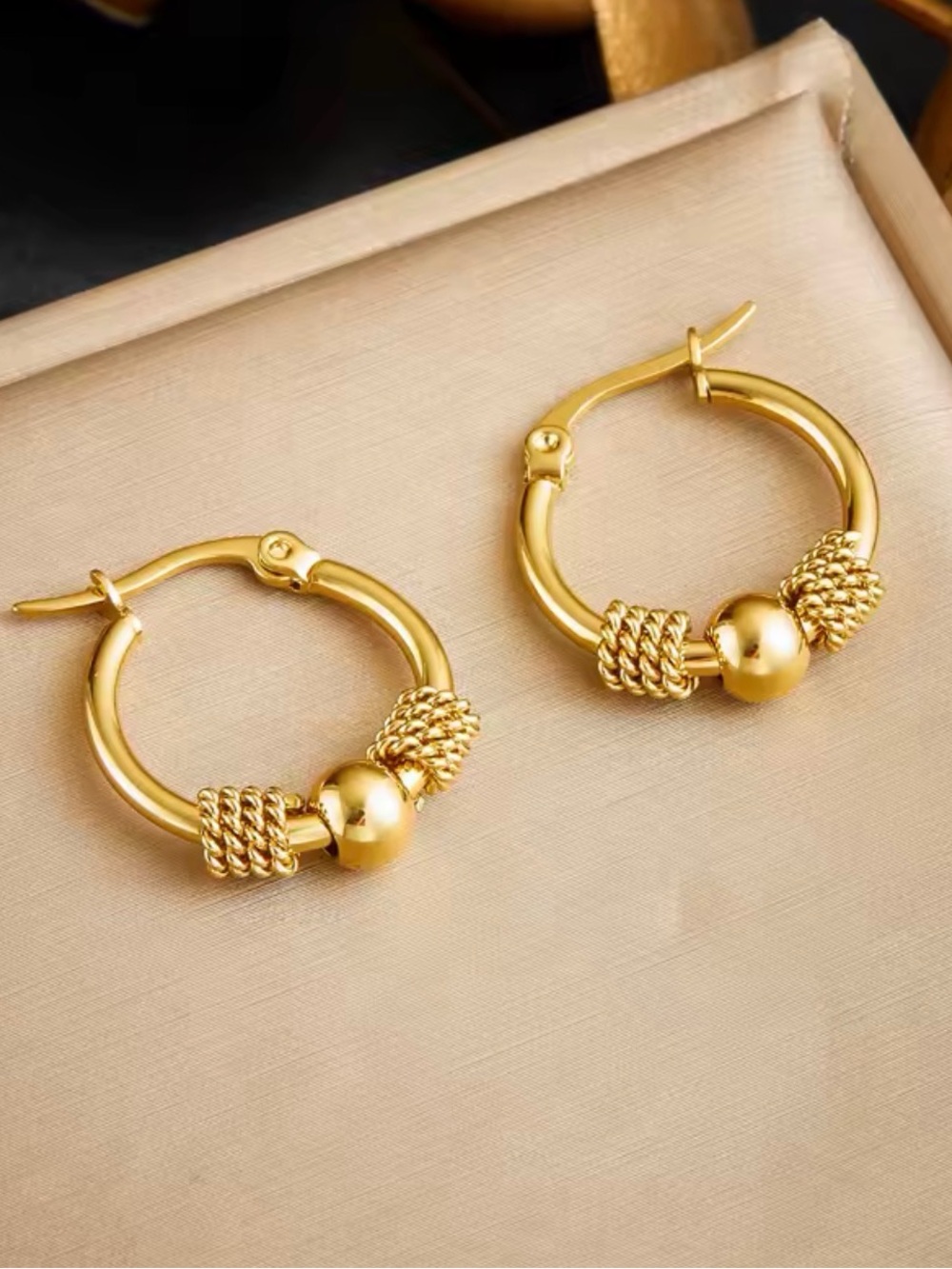 18K Gold Tone Rope Bead Hoop Earrings 316L Stainless Steel Statement Jewelry